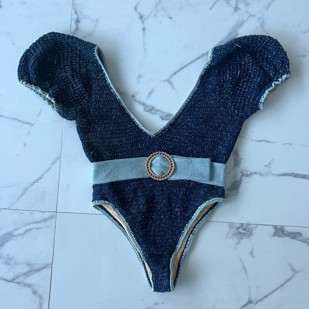 Maiyo London navy knit one piece swimsuit bodysuit embellished belt XS